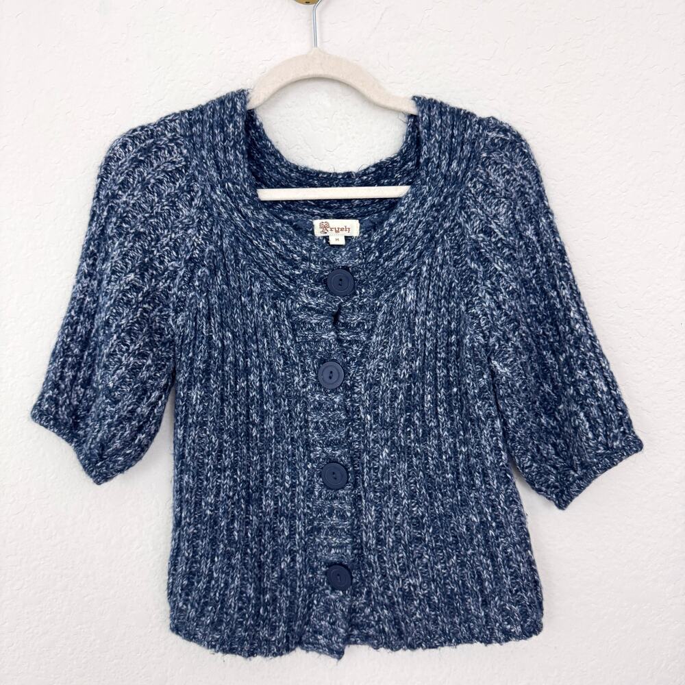 Aryeh Womens Cardigan Knit Sweater Size M Cotton Mohair Blend Chunky Marled Blue